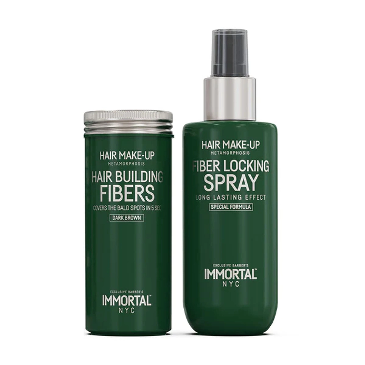 Immortal NYC Hair Building Fibers Set Dark Drown - pudra pentru mascarea cheliei 20gr plus spray de fixare 150ml - maro inchis